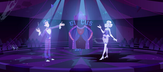 Ghosts on abandoned circus arena, dead artists perform magic show in darkness of big top stage. Halloween spooky scene, scary old interior with moonlight falling on floor, Cartoon vector illustration