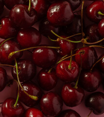Cherry Fresh and Ripe Berries. Top View Photo for Summer Time Food Harvest and Ecological Clean Fruit Background.