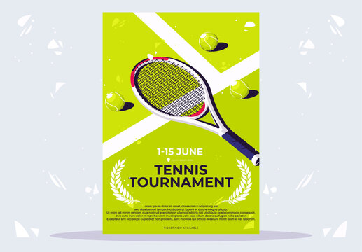 vector illustration of a minimalist poster for a tennis tournament, a tennis racket with light green balls lying on a tennis court