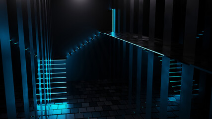 3D rendering of blue neon light staircase corridors in abstract glass room