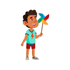 funny arab boy playing with fan toy cartoon vector. funny arab boy playing with fan toy character. isolated flat cartoon illustration