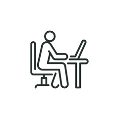 Man behind computer desk line icon. Simple outline style. Person, work, laptop, table, chair, seat, workplace concept. Vector illustration isolated on white background. Thin stroke EPS 10.