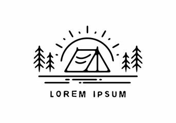 Camping tent and sun line art illustration