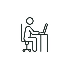 Man behind computer desk line icon. Simple outline style. Person, work, laptop, table, chair, seat, workplace concept. Vector illustration isolated on white background. Thin stroke EPS 10.