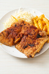 grilled spicy barbecue pork steak with french fries