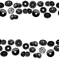 Donut silhouette horizontal border, round pastry decorative frame with various decor for design