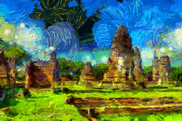 Ancient thai architecture landscape Illustrations creates an impressionist style of painting.
