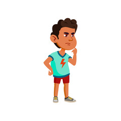 thoughtful small boy thinking how to play game cartoon vector. thoughtful small boy thinking how to play game character. isolated flat cartoon illustration