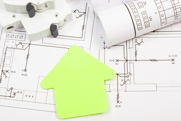 House shape, electric fuse and diagrams of plan with electrical installation. Building home
