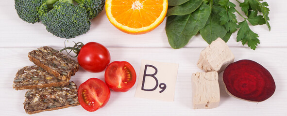 Nutritious products containing vitamin B9 and dietary fiber, healthy nutrition concept