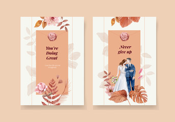 Card template with happiness wedding concept,watercolor style