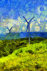 The landscape of electricity generating turbines on the mountains Illustrations creates an impressionist style of painting.