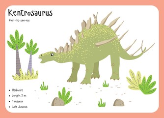Dinosaur Fact Flash Cards - Dinosaur Names Corresponding to the English Alphabet. Cute colorful vector illustration. Herbivore set. Dinosaur vegan. Set cards a-z dinosaur K. Kentrosaurus