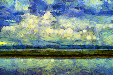 Fototapeta na wymiar Landscape of the river Illustrations creates an impressionist style of painting.