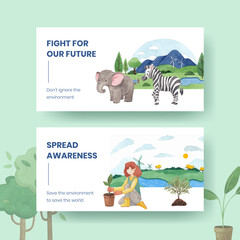 Twitter template with World Environment Day concept,watercolor style