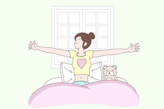 A woman in a cropped top just woke up in bed in her bedroom. It is a picture in pastel color style.