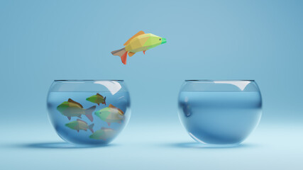 stand out concept with fish jumping between fishbowls - obrazy, fototapety, plakaty