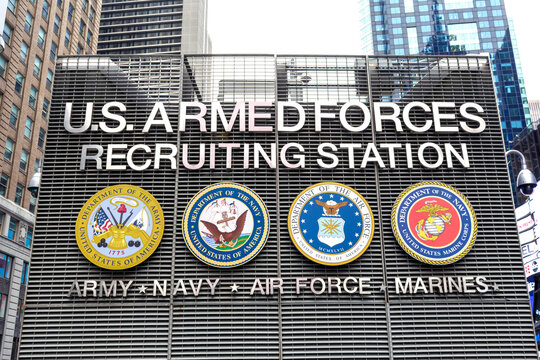 U.S. Armed Forces Recruiting Station sign at Times Square station that recruits for the four branches of the U.S. Armed Forces Army, Navy, Air Force and Marines. - New York, USA - 2021