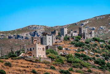 Fototapeta na wymiar Vatheia is an abandoned village, in Mani, Greece. A major tourist destination, it serves as an iconic example of the south Maniot vernacular architecture as it developed during the 19th century.