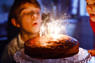 Adorable happy blond little kid boy celebrating his birthday. Child blowing candles on homemade baked cake, indoor. Birthday party for school children, family celebration