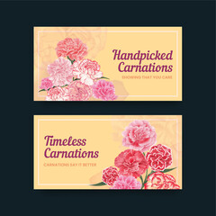 Fototapeta na wymiar Twitter template with carnation flower concept, watercolor style