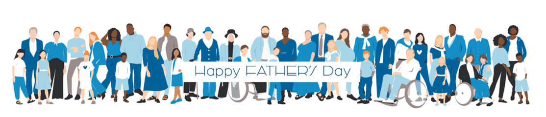 Obraz premium Happy Father's Day card. Multicultural group of mothers and fathers with kids. Flat vector illustration.