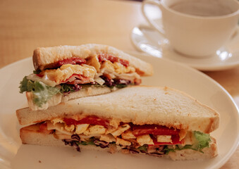 Close up of a club sandwich, also called a clubhouse sandwich at a cafe