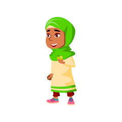 funny arab little girl with apple fruit cartoon vector. funny arab little girl with apple fruit character. isolated flat cartoon illustration