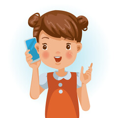 Small girls use mobile phones to talk to positive emotions. Little girl talking on phone.