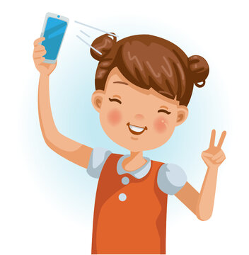 Little girl use cell phone of selfie. Smile at the camera with negative emotions. Hand symbol v sign. Cartoon characte