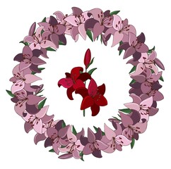 Set of vector illustrations of lily flowers isolated on white background. A beautiful wreath of buds and leaves for cards, candy wrappers, textiles.