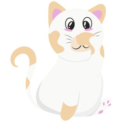 cute white kitten with beige spots sits and washes with its paw, vector illustration in flat style, pet