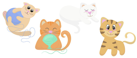 set of cute kittens, vector illustration in flat style, pet