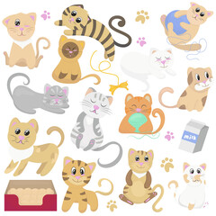 big set of cute kittens and their toys, vector illustration in flat style, pet