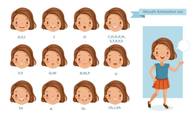 Mouth  girl animation. lip sync collection for animation.  talking mouth. Accent and pronunciation speak. tongue and articulate.