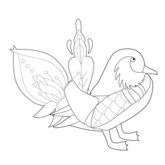 Contour linear illustration with bird for coloring book. Cute duck, anti stress picture. Line art design for adult or kids  in zentangle style and coloring page.