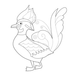 Contour linear illustration with bird for coloring book. Cute duck, anti stress picture. Line art design for adult or kids  in zentangle style and coloring page.