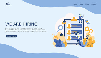 Job vacancy or hiring web banner, landing page, mobile smart phone, template, ui, mobile app, poster, banner, flyer, social media. Isolated flat vector illustration