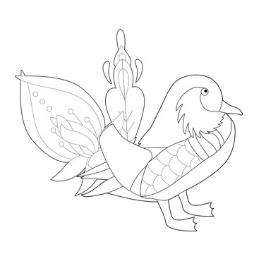 Contour linear illustration with bird for coloring book. Cute duck, anti stress picture. Line art design for adult or kids  in zentangle style and coloring page.