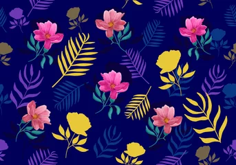 Foto op Canvas Vector Seamless Tropical, Jungle Floral Pattern. Exotic Flowers and Palm leaves on a Blue background © lapersona