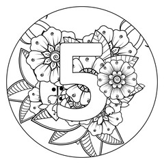 Number 5 with Mehndi flower. decorative ornament in ethnic oriental style. coloring book page. 