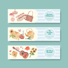 banner template with summer cottagecore concept,watercolor style