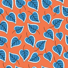 Fashionable autumn print.Pattern with blue leaves and an orange background.