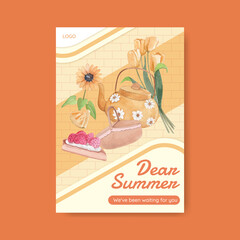 Poster template with summer cottagecore concept,watercolor style