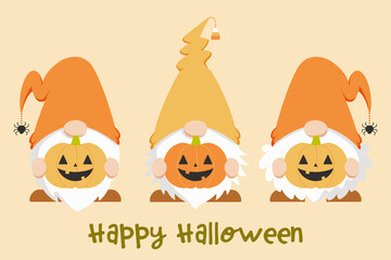 Trio of cute Scandinavian gnomes in Halloween costume, holding pumpkins. Flat cartoon style vector illustration of Halloween themed Scandinavian gnomes.