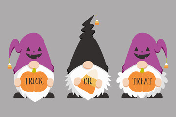 Trio of cute Scandinavian gnomes in Halloween costume, holding pumpkins and candy corn. Flat cartoon style vector illustration of Halloween themed Scandinavian gnomes.