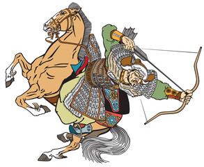 Mongol archer warrior on a horseback riding a pony horse and shooting a bow and arrow. Medieval time of Genghis Khan. Ancient East Asian cavalry. Isolated vector illustration - obrazy, fototapety, plakaty