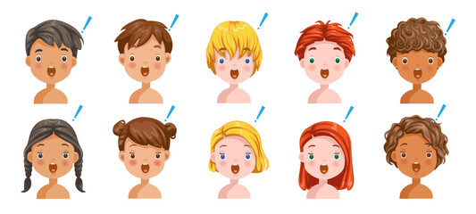 Boys and girls set emotions, feelings of Shocked, Surprised The face of the child is confused. Different nationalities are different. Variety of children.