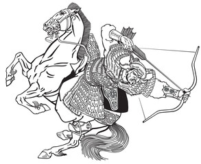 Mongol archer warrior on a horseback riding a pony horse and shooting a bow and arrow. Medieval time of Genghis Khan. Ancient East Asian cavalry. Isolated vector illustration. Black and white