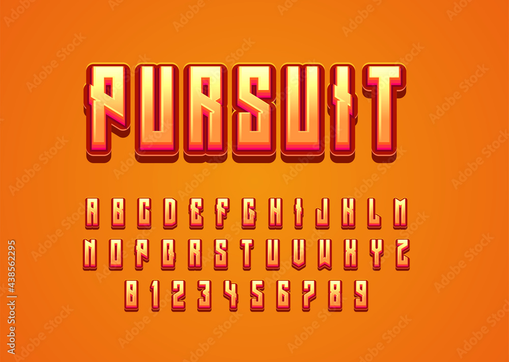 Poster pursuit 3d orange game logo text effect. set of vector alphabet and number with playful style for ga